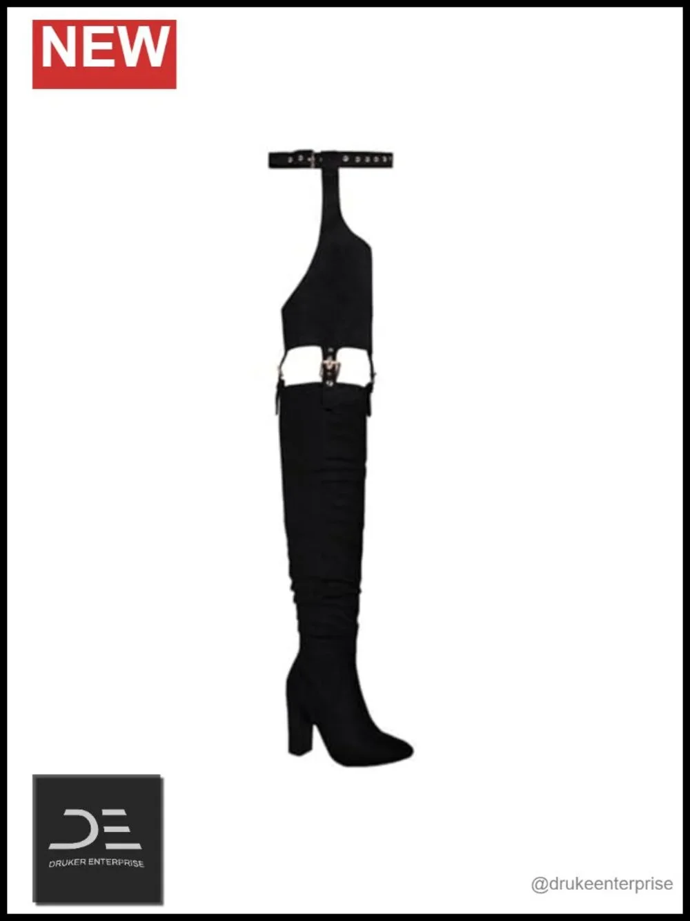 HiColor Women's Belted Pointed Toe High Boots Striking Buckle Strap Fashion